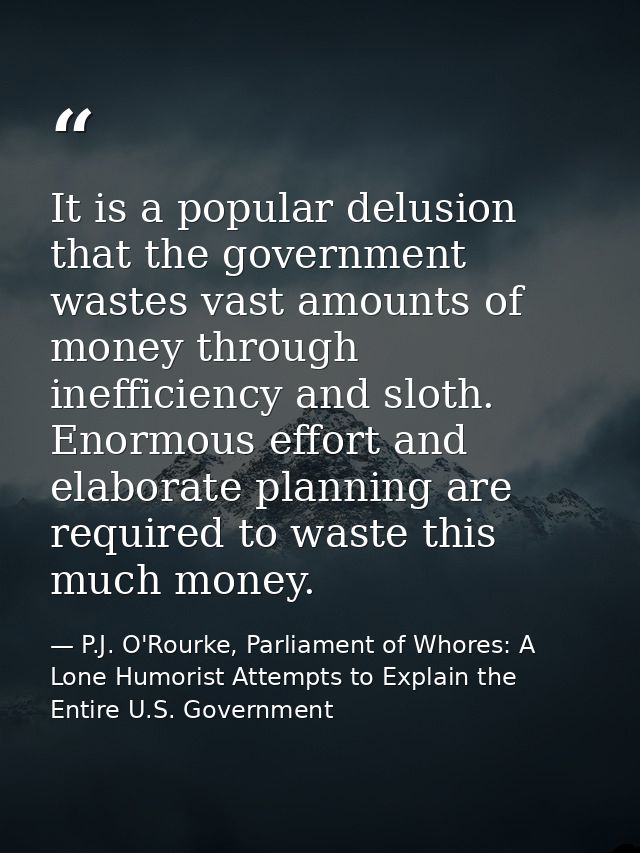 It is a popular delusion that the government wastes vast amounts of money through inefficiency and sloth. Enormous effor — P.J. O'Rourke, Parliament of Whores: A Lone Humorist Attempts to Explain the Entire U.S. Government