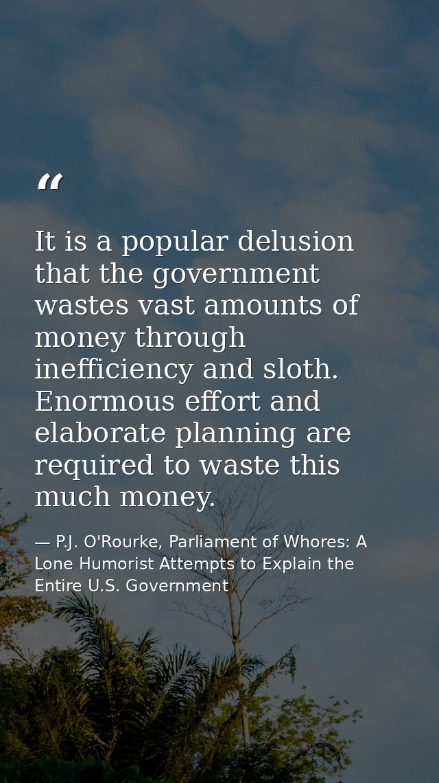 It is a popular delusion that the government wastes vast amounts of money through inefficiency and sloth. Enormous effor — P.J. O'Rourke, Parliament of Whores: A Lone Humorist Attempts to Explain the Entire U.S. Government
