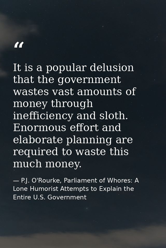 It is a popular delusion that the government wastes vast amounts of money through inefficiency and sloth. Enormous effor — P.J. O'Rourke, Parliament of Whores: A Lone Humorist Attempts to Explain the Entire U.S. Government