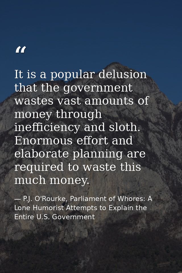 It is a popular delusion that the government wastes vast amounts of money through inefficiency and sloth. Enormous effor — P.J. O'Rourke, Parliament of Whores: A Lone Humorist Attempts to Explain the Entire U.S. Government