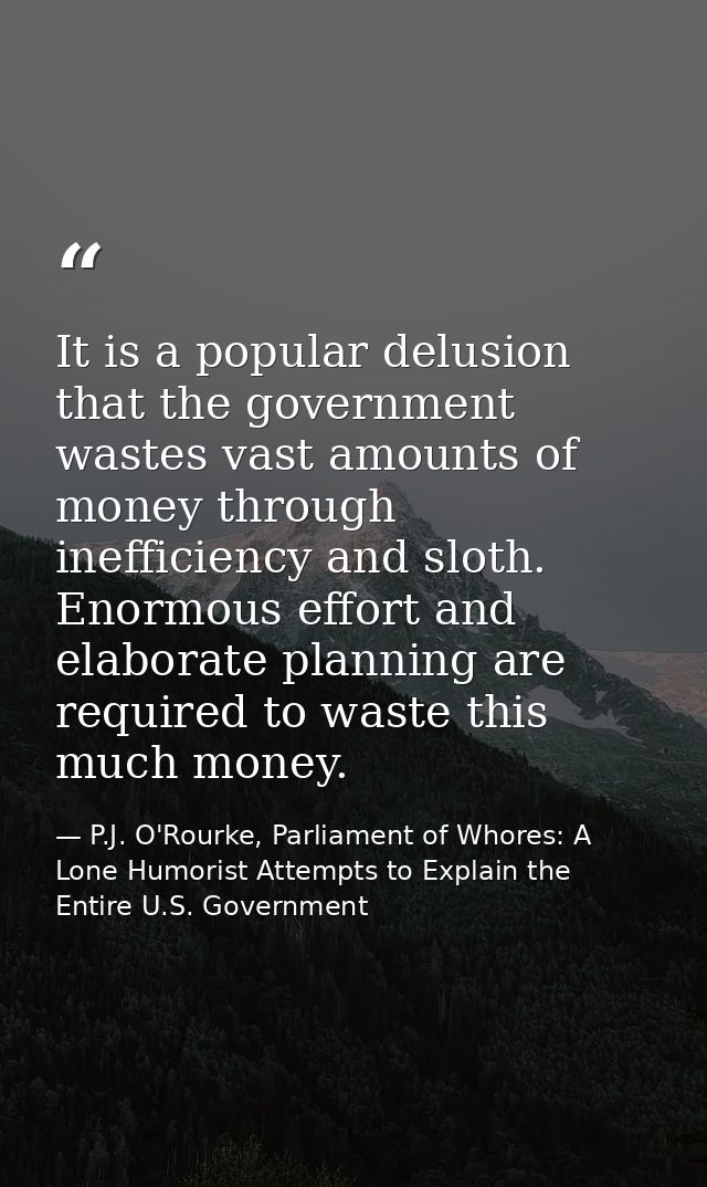 It is a popular delusion that the government wastes vast amounts of money through inefficiency and sloth. Enormous effor — P.J. O'Rourke, Parliament of Whores: A Lone Humorist Attempts to Explain the Entire U.S. Government