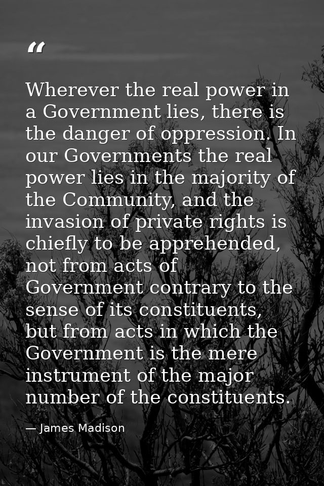Wherever the real power in a Government lies, there is the danger of oppression. In our Governments the real power lies  — James Madison