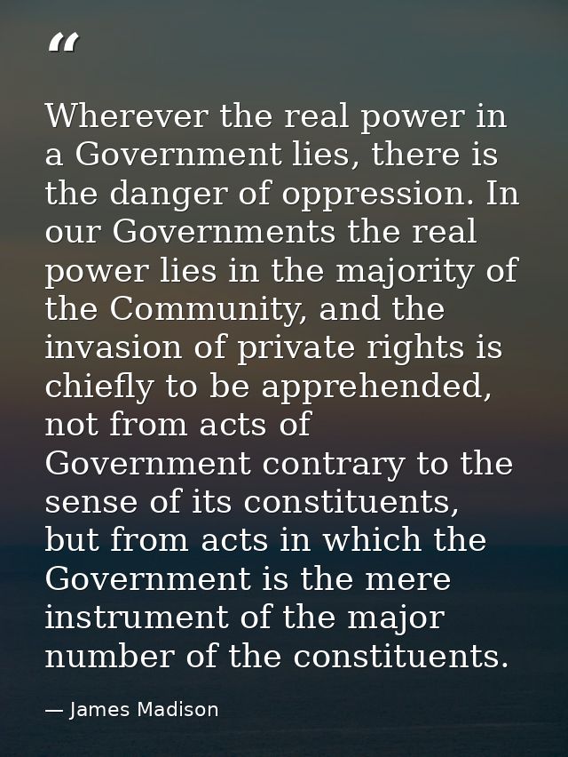 Wherever the real power in a Government lies, there is the danger of oppression. In our Governments the real power lies  — James Madison