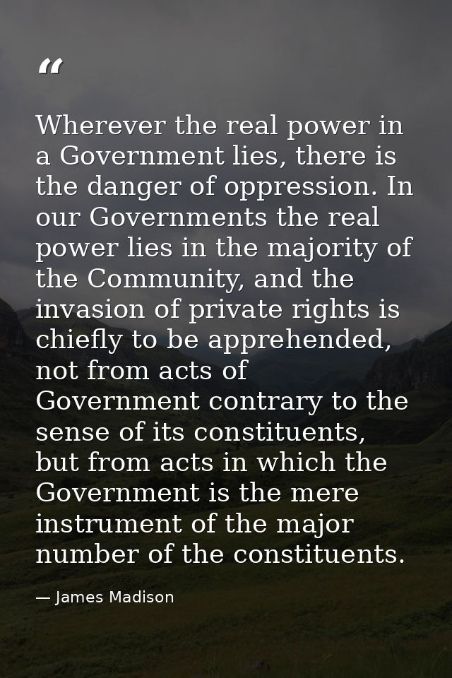 Wherever the real power in a Government lies, there is the danger of oppression. In our Governments the real power lies  — James Madison