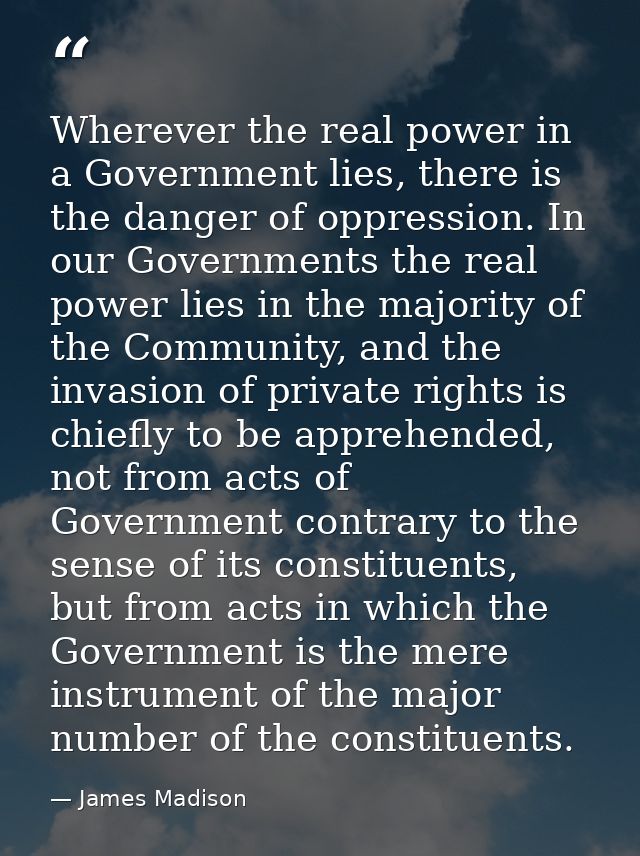 Wherever the real power in a Government lies, there is the danger of oppression. In our Governments the real power lies  — James Madison