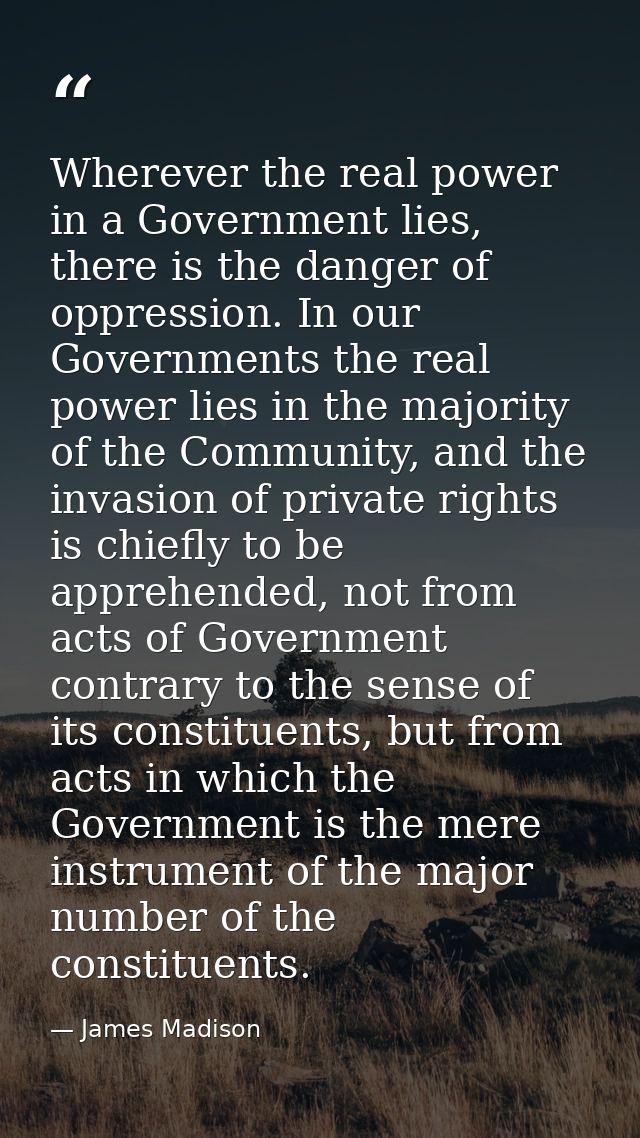 Wherever the real power in a Government lies, there is the danger of oppression. In our Governments the real power lies  — James Madison
