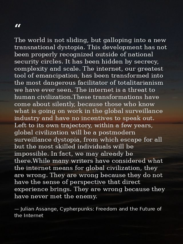 The world is not sliding, but galloping into a new transnational dystopia. This development has not been properly recogn — Julian Assange, Cypherpunks: Freedom and the Future of the Internet