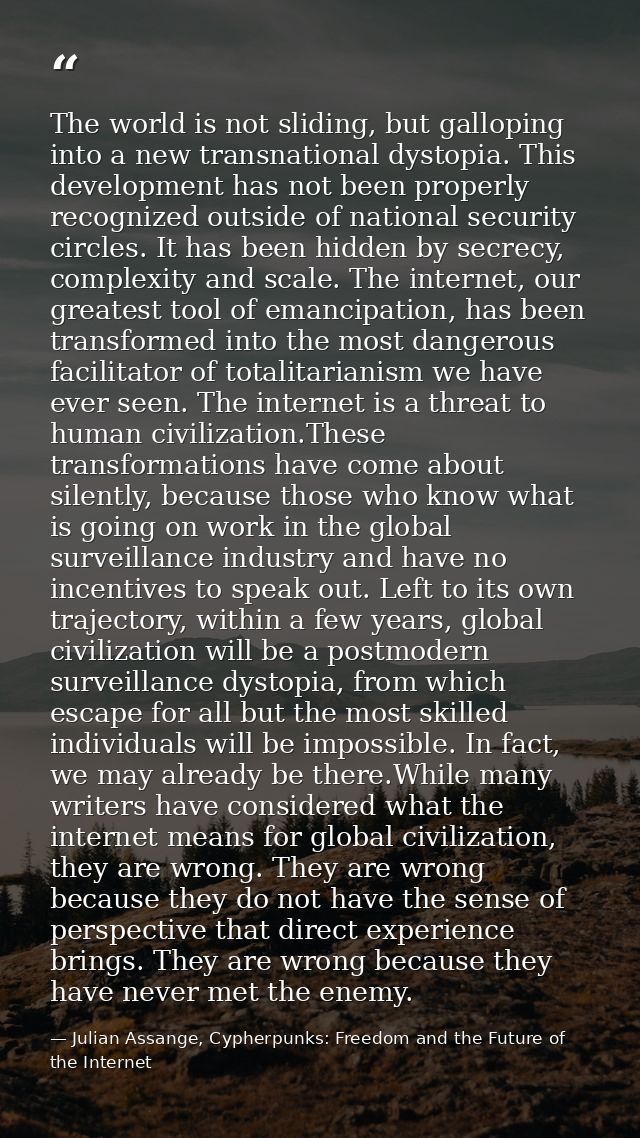 The world is not sliding, but galloping into a new transnational dystopia. This development has not been properly recogn — Julian Assange, Cypherpunks: Freedom and the Future of the Internet