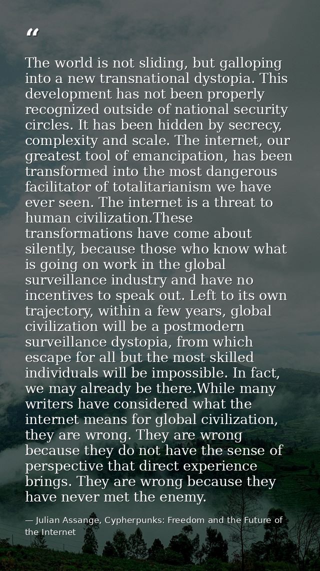 The world is not sliding, but galloping into a new transnational dystopia. This development has not been properly recogn — Julian Assange, Cypherpunks: Freedom and the Future of the Internet