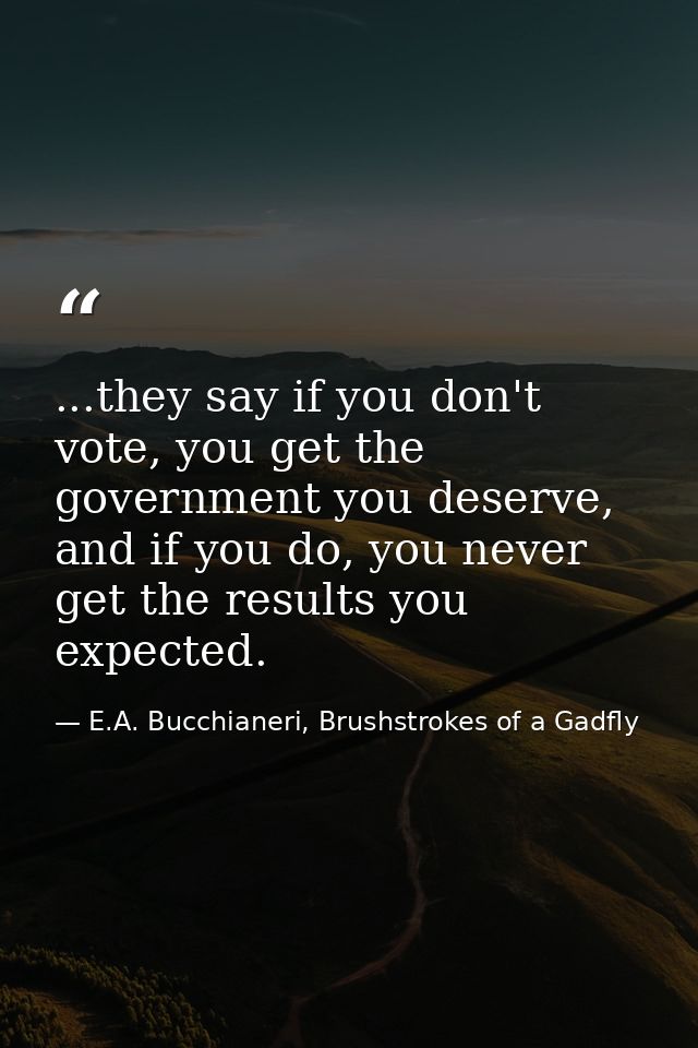 ...they say if you don't vote, you get the government you deserve, and if you do, you never get the results you expected — E.A. Bucchianeri, Brushstrokes of a Gadfly
