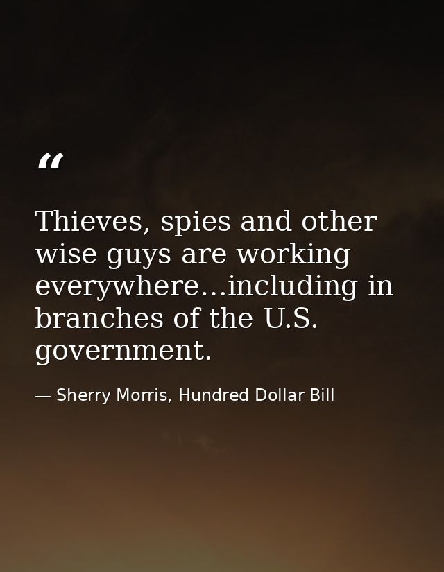 Thieves, spies and other wise guys are working everywhere…including in branches of the U.S. government. — Sherry Morris, Hundred Dollar Bill