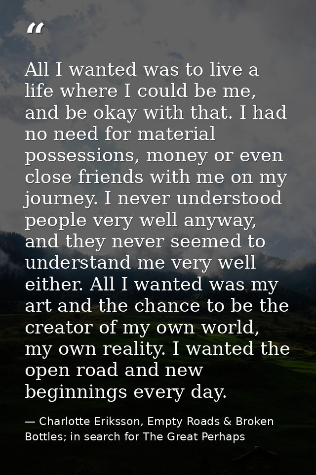 All I wanted was to live a life where I could be me, and be okay with that. I had no need for material possessions, mone — Charlotte Eriksson, Empty Roads & Broken Bottles; in search for The Great Perhaps