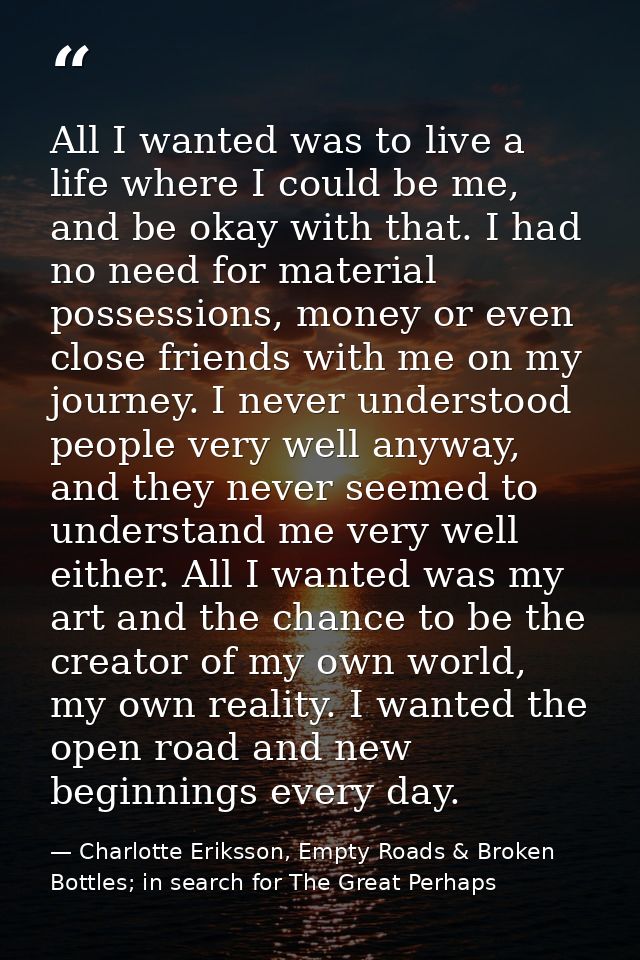 All I wanted was to live a life where I could be me, and be okay with that. I had no need for material possessions, mone — Charlotte Eriksson, Empty Roads & Broken Bottles; in search for The Great Perhaps
