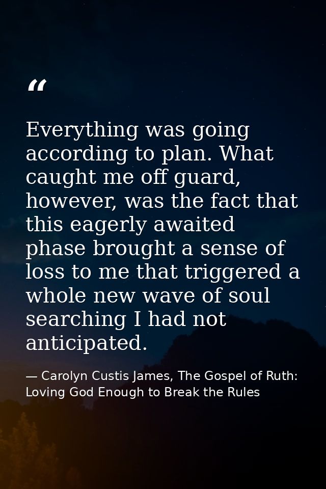 Everything was going according to plan. What caught me off guard, however, was the fact that this eagerly awaited phase  — Carolyn Custis James, The Gospel of Ruth: Loving God Enough to Break the Rules