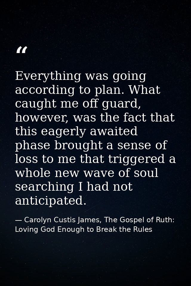 Everything was going according to plan. What caught me off guard, however, was the fact that this eagerly awaited phase  — Carolyn Custis James, The Gospel of Ruth: Loving God Enough to Break the Rules