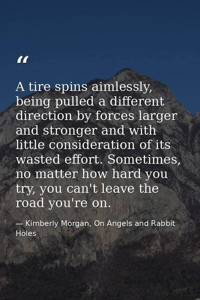 A tire spins aimlessly, being pulled a different direction by forces larger and stronger and with little consideration o — Kimberly Morgan, On Angels and Rabbit Holes