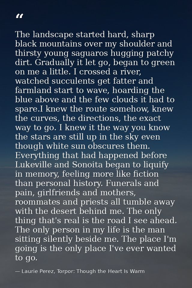 The landscape started hard, sharp black mountains over my shoulder and thirsty young saguaros hugging patchy dirt. Gradu — Laurie Perez, Torpor: Though the Heart Is Warm