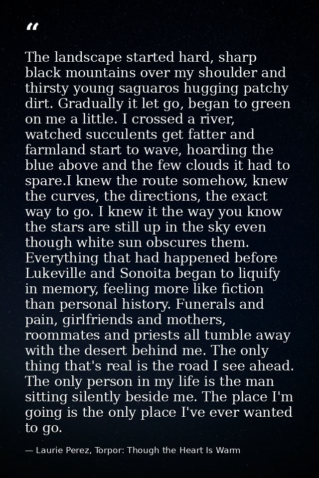 The landscape started hard, sharp black mountains over my shoulder and thirsty young saguaros hugging patchy dirt. Gradu — Laurie Perez, Torpor: Though the Heart Is Warm
