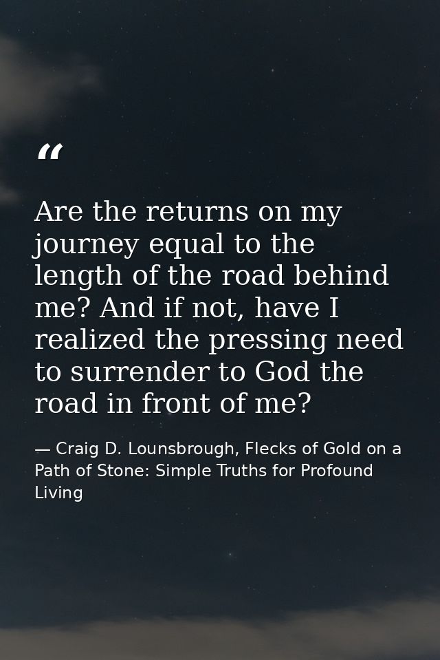 Are the returns on my journey equal to the length of the road behind me? And if not, have I realized the pressing need t — Craig D. Lounsbrough, Flecks of Gold on a Path of Stone: Simple Truths for Profound Living