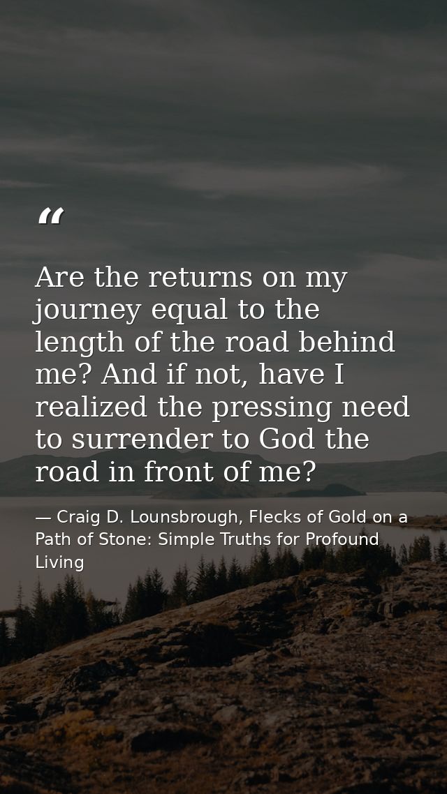 Are the returns on my journey equal to the length of the road behind me? And if not, have I realized the pressing need t — Craig D. Lounsbrough, Flecks of Gold on a Path of Stone: Simple Truths for Profound Living
