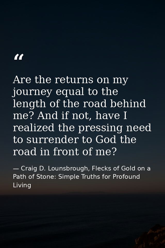 Are the returns on my journey equal to the length of the road behind me? And if not, have I realized the pressing need t — Craig D. Lounsbrough, Flecks of Gold on a Path of Stone: Simple Truths for Profound Living
