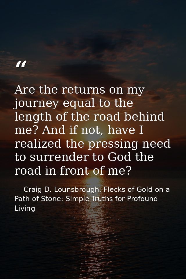 Are the returns on my journey equal to the length of the road behind me? And if not, have I realized the pressing need t — Craig D. Lounsbrough, Flecks of Gold on a Path of Stone: Simple Truths for Profound Living
