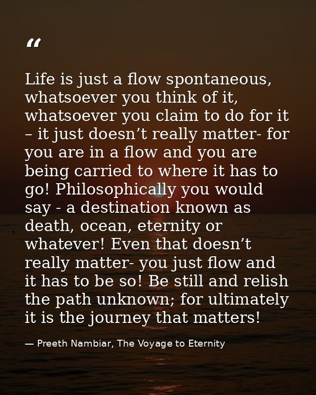 Life is just a flow spontaneous, whatsoever you think of it, whatsoever you claim to do for it – it just doesn’t really  — Preeth Nambiar, The Voyage to Eternity