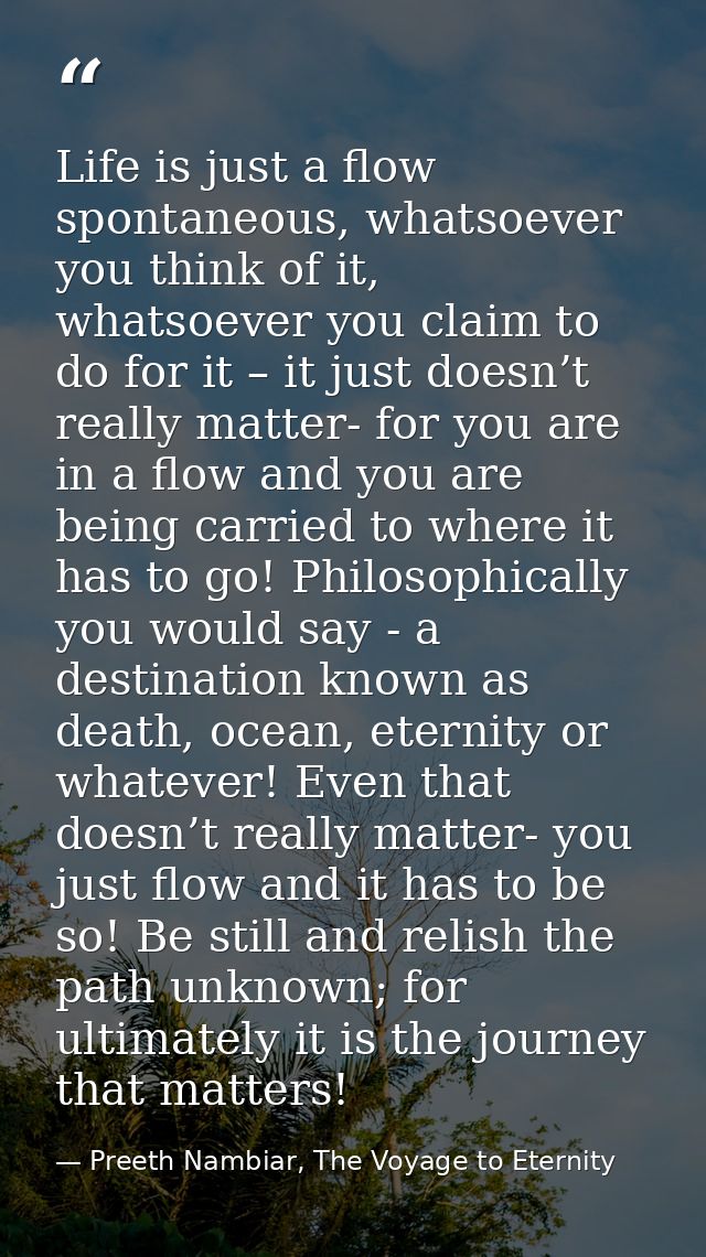 Life is just a flow spontaneous, whatsoever you think of it, whatsoever you claim to do for it – it just doesn’t really  — Preeth Nambiar, The Voyage to Eternity