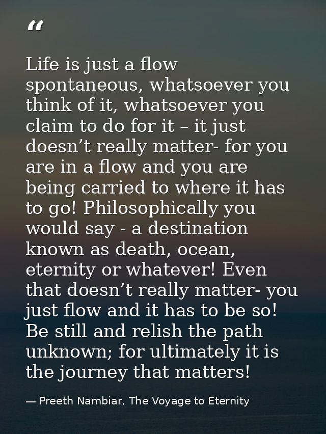 Life is just a flow spontaneous, whatsoever you think of it, whatsoever you claim to do for it – it just doesn’t really  — Preeth Nambiar, The Voyage to Eternity