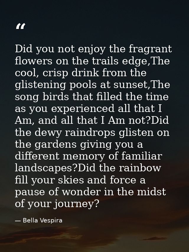 Did you not enjoy the fragrant flowers on the trails edge,The cool, crisp drink from the glistening pools at sunset,The  — Bella Vespira
