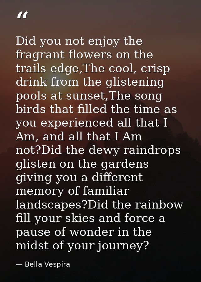 Did you not enjoy the fragrant flowers on the trails edge,The cool, crisp drink from the glistening pools at sunset,The  — Bella Vespira