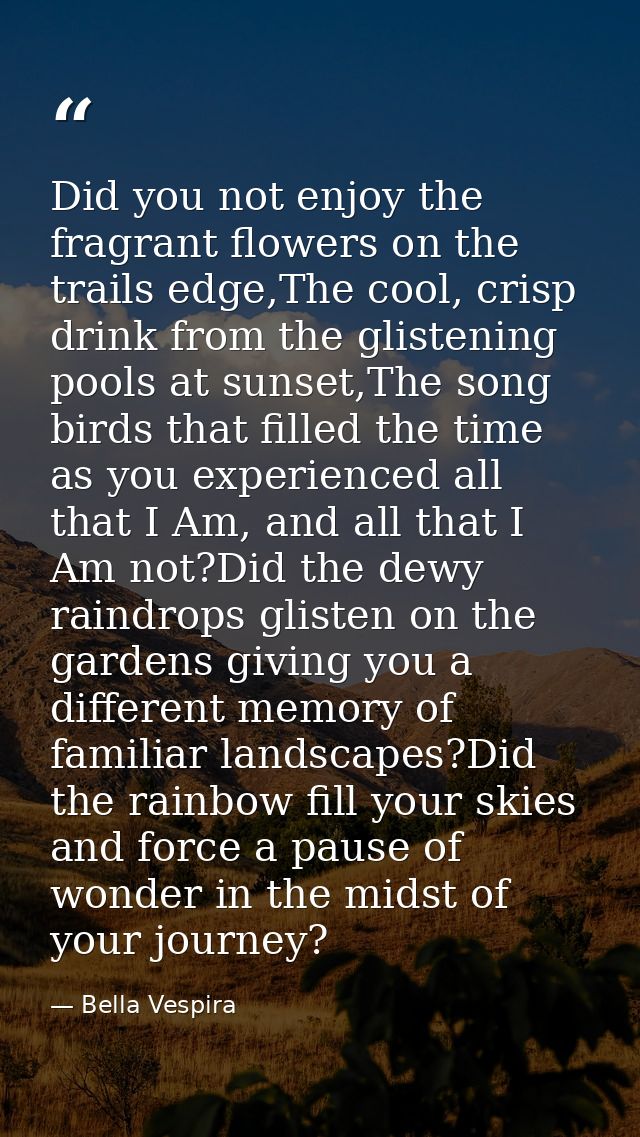 Did you not enjoy the fragrant flowers on the trails edge,The cool, crisp drink from the glistening pools at sunset,The  — Bella Vespira