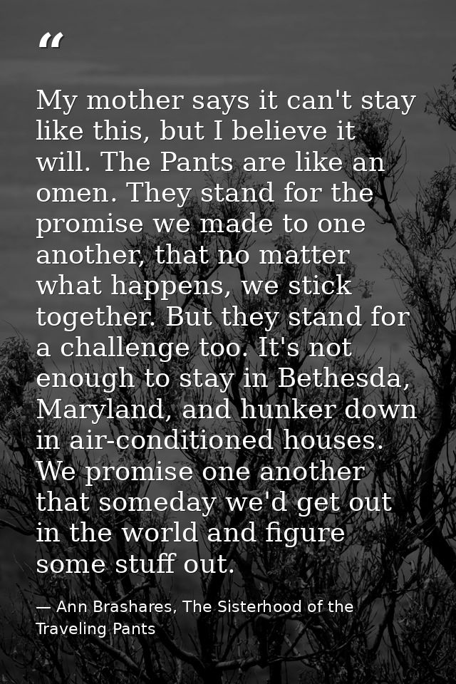 My mother says it can't stay like this, but I believe it will. The Pants are like an omen. They stand for the promise we — Ann Brashares, The Sisterhood of the Traveling Pants