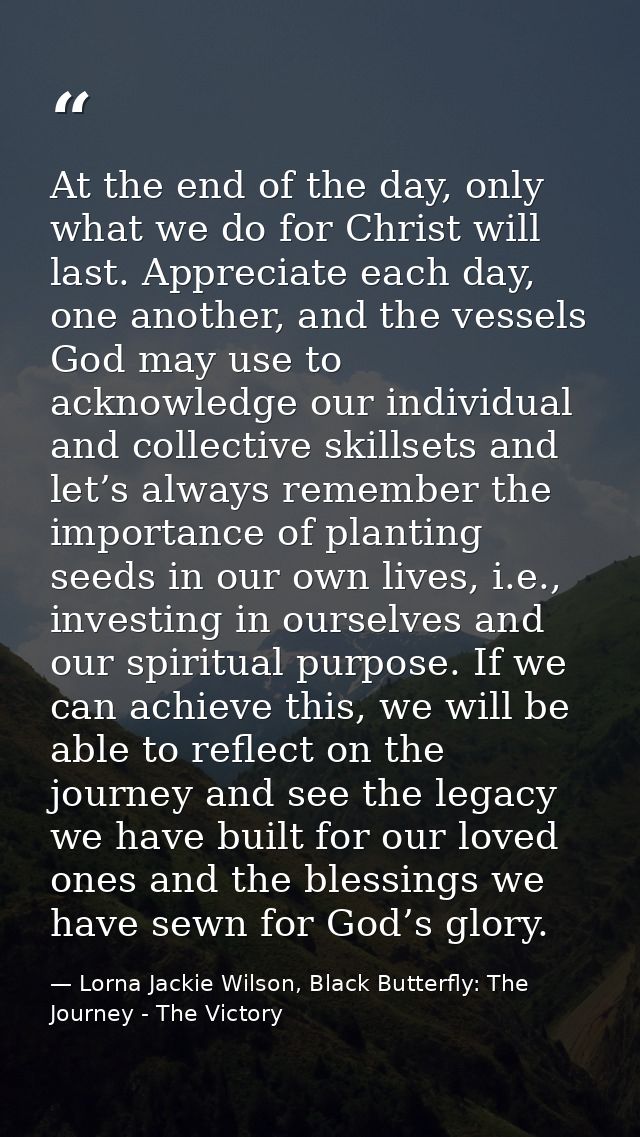 At the end of the day, only what we do for Christ will last. Appreciate each day, one another, and the vessels God may u — Lorna Jackie Wilson, Black Butterfly: The Journey - The Victory