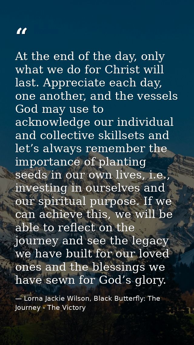 At the end of the day, only what we do for Christ will last. Appreciate each day, one another, and the vessels God may u — Lorna Jackie Wilson, Black Butterfly: The Journey - The Victory