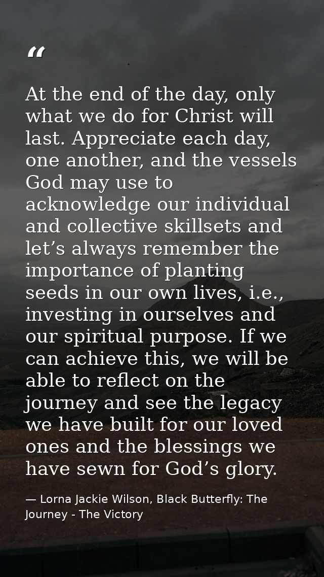 At the end of the day, only what we do for Christ will last. Appreciate each day, one another, and the vessels God may u — Lorna Jackie Wilson, Black Butterfly: The Journey - The Victory