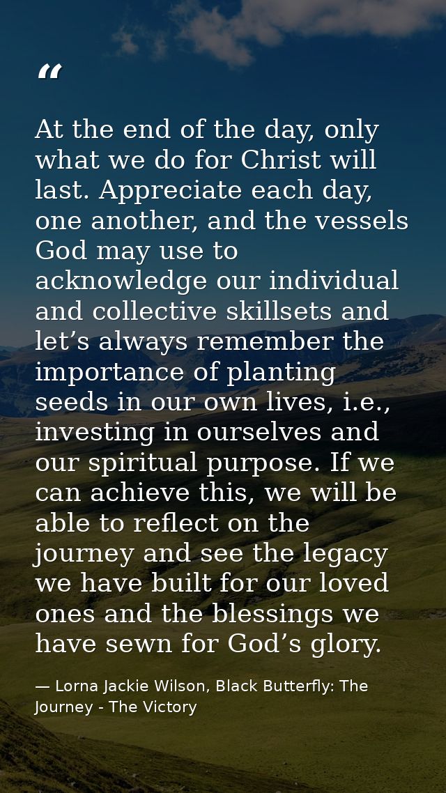 At the end of the day, only what we do for Christ will last. Appreciate each day, one another, and the vessels God may u — Lorna Jackie Wilson, Black Butterfly: The Journey - The Victory