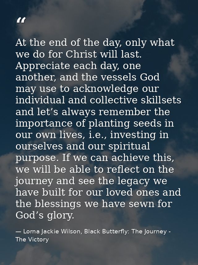 At the end of the day, only what we do for Christ will last. Appreciate each day, one another, and the vessels God may u — Lorna Jackie Wilson, Black Butterfly: The Journey - The Victory