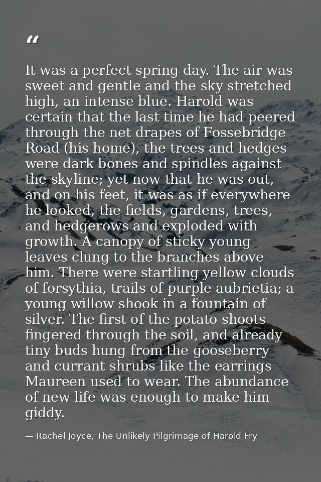 It was a perfect spring day. The air was sweet and gentle and the sky stretched high, an intense blue. Harold was certai — Rachel Joyce, The Unlikely Pilgrimage of Harold Fry