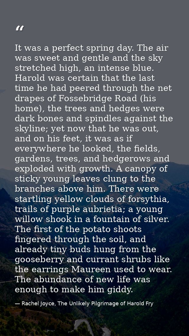 It was a perfect spring day. The air was sweet and gentle and the sky stretched high, an intense blue. Harold was certai — Rachel Joyce, The Unlikely Pilgrimage of Harold Fry