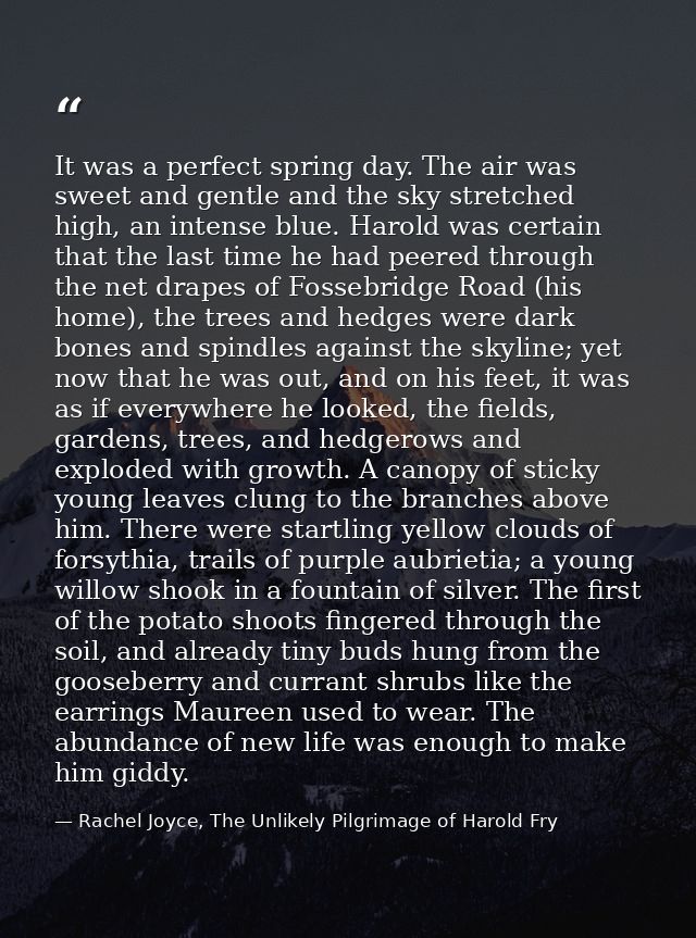 It was a perfect spring day. The air was sweet and gentle and the sky stretched high, an intense blue. Harold was certai — Rachel Joyce, The Unlikely Pilgrimage of Harold Fry