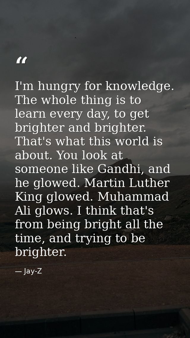 I'm hungry for knowledge. The whole thing is to learn every day, to get brighter and brighter. That's what this world is — Jay-Z