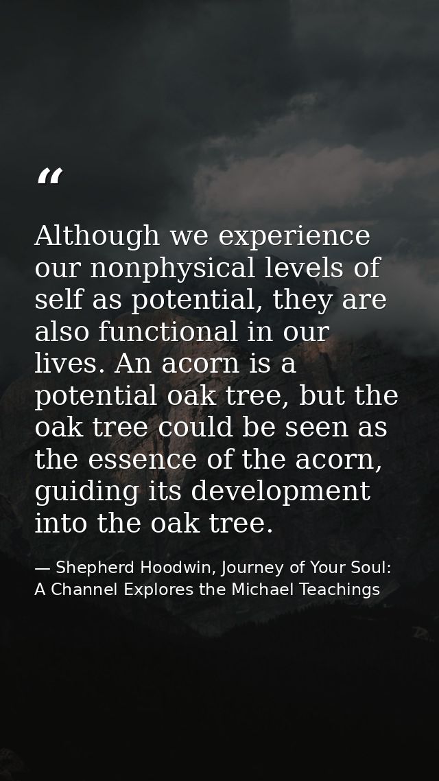 Although we experience our nonphysical levels of self as potential, they are also functional in our lives. An acorn is a — Shepherd Hoodwin, Journey of Your Soul: A Channel Explores the Michael Teachings