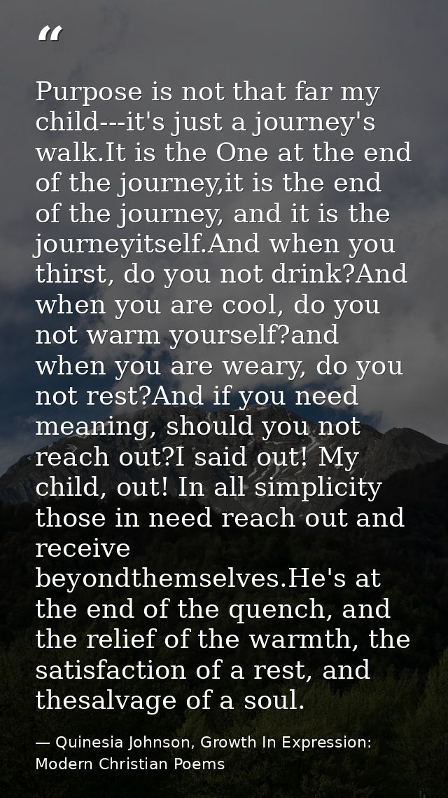 Purpose is not that far my child---it's just a journey's walk.It is the One at the end of the journey,it is the end of t — Quinesia Johnson, Growth In Expression: Modern Christian Poems