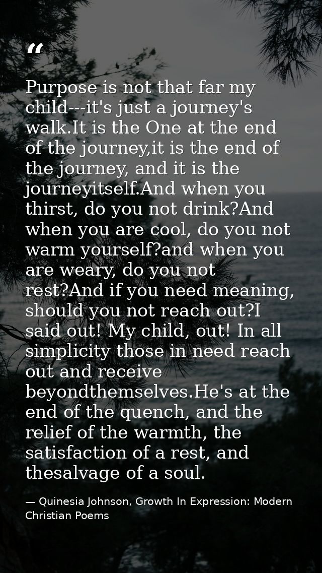 Purpose is not that far my child---it's just a journey's walk.It is the One at the end of the journey,it is the end of t — Quinesia Johnson, Growth In Expression: Modern Christian Poems