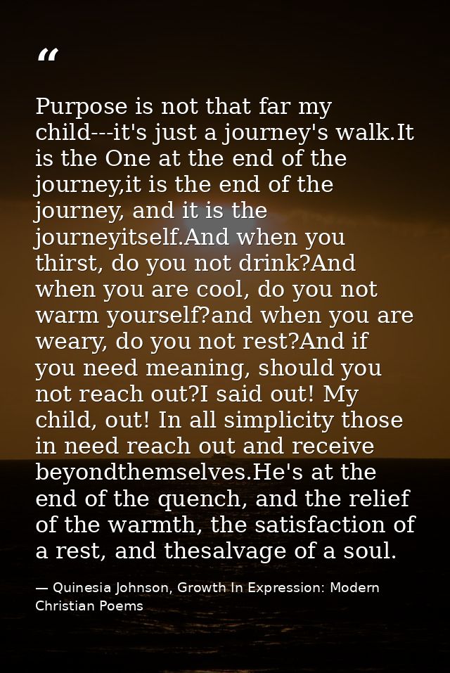 Purpose is not that far my child---it's just a journey's walk.It is the One at the end of the journey,it is the end of t — Quinesia Johnson, Growth In Expression: Modern Christian Poems