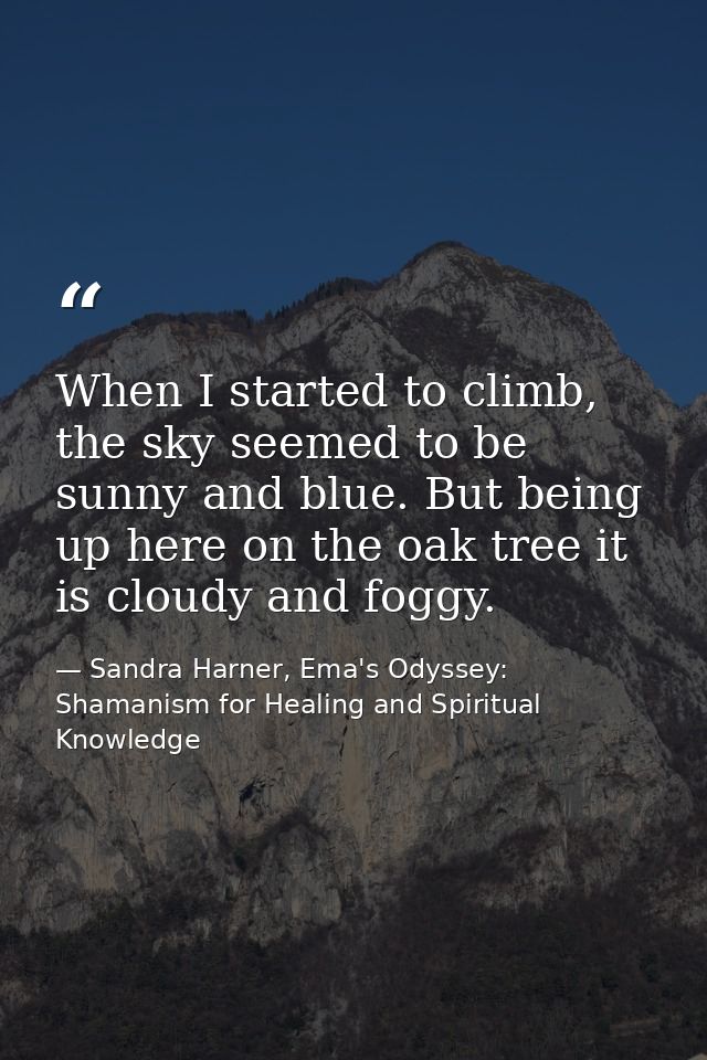 When I started to climb, the sky seemed to be sunny and blue. But being up here on the oak tree it is cloudy and foggy. — Sandra Harner, Ema's Odyssey: Shamanism for Healing and Spiritual Knowledge