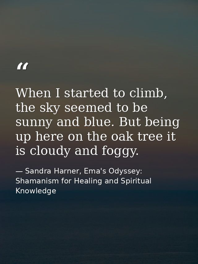 When I started to climb, the sky seemed to be sunny and blue. But being up here on the oak tree it is cloudy and foggy. — Sandra Harner, Ema's Odyssey: Shamanism for Healing and Spiritual Knowledge