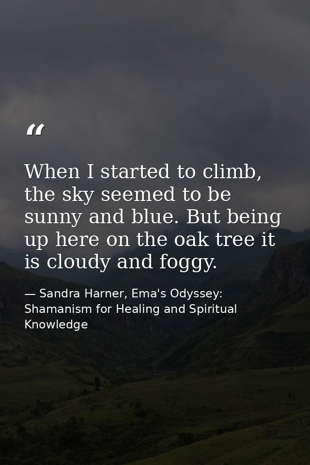 When I started to climb, the sky seemed to be sunny and blue. But being up here on the oak tree it is cloudy and foggy. — Sandra Harner, Ema's Odyssey: Shamanism for Healing and Spiritual Knowledge