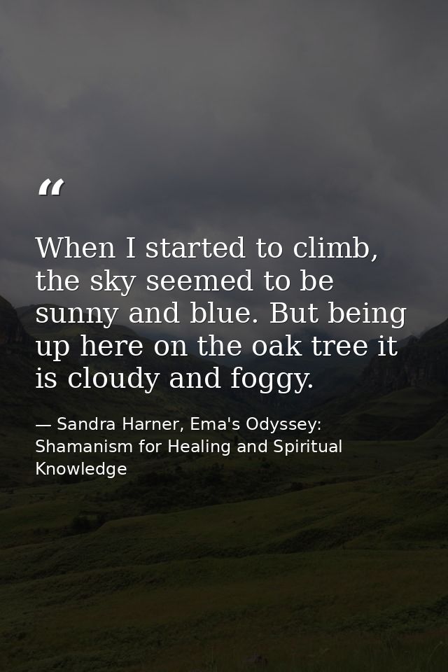 When I started to climb, the sky seemed to be sunny and blue. But being up here on the oak tree it is cloudy and foggy. — Sandra Harner, Ema's Odyssey: Shamanism for Healing and Spiritual Knowledge